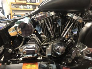 1992 Harley Davidson Heritage Softail on the lift for some maintenance.