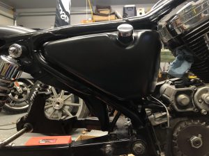 Sportster Oil Tank. Painted, mounted, and plumbed up.